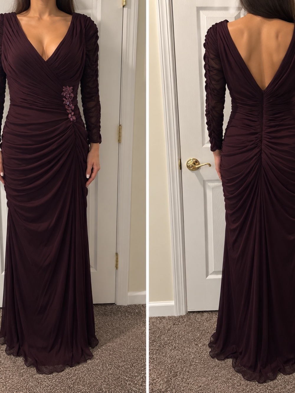Adrianna Papell Deep Plum V-Neck Ruched Long Sleeve Gown